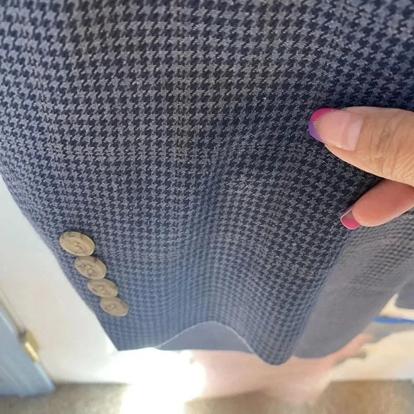 Men’s 2Button Blazer Jacket Sz 44L Pure Silk Plaid Houndstooth Blue Gray Pocket - Picture 9 of 11